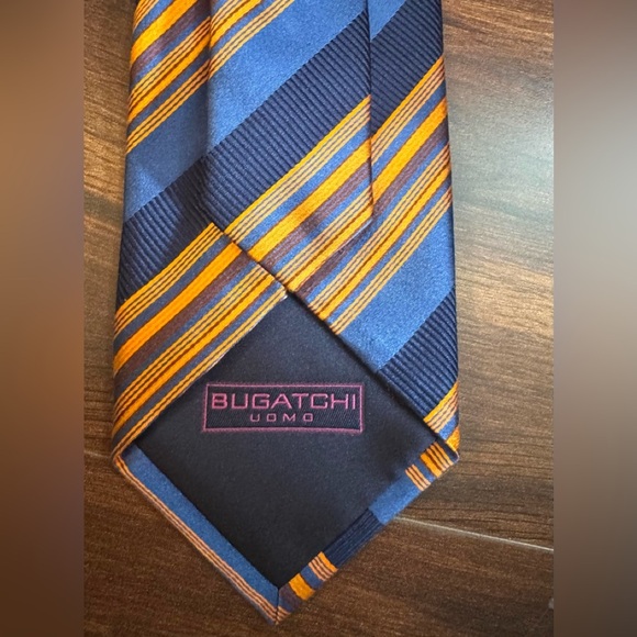 BUGATCHI Uomo Navy and Orange Striped Silk Tie Made In Italy - Picture 6 of 10